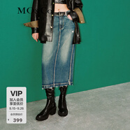 MO&Co.牛仔半身裙春秋廢土風(fēng)做舊破洞爛邊直筒開叉天絲摩安珂 牛仔藍色 M 165