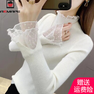 AEMAPE加絨厚加厚毛衣女外穿秋冬新款修身針織洋氣內搭上衣蕾絲打底衫 波點(diǎn)花邊白色 L 105-115斤