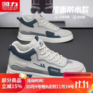 回力男鞋冬季高幫鞋男加絨棉鞋2025新款保暖加厚運動鞋厚底百搭板鞋男 米灰藍色【高幫款】 44 (270mm) 標準尺碼，正常拍