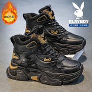 花花公子鞋子男鞋2025秋冬季新款運動(dòng)休閑潮厚底增高老爹鞋男士加絨小白鞋 黑色【加絨款】【高幫款】6231M 39