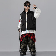 魅樂(lè )凱兒童街舞演出服女童爵士舞服男孩帥氣hiphop潮服少兒美式嘻哈套裝 衣+迷彩長(cháng)褲+黑馬甲+黑手套 150 （尺碼偏大/寬松）