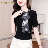 夏典素訂女王（SE.PSTP）2025春夏新款短袖T恤女圍巾領(lǐng)綁帶拼接打底衫上衣設計感洋氣小衫 黑色 【短袖】 XL 【建議116-125斤】