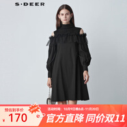 S.DEER圣迪奧2022女裝春夏半高領(lǐng)露肩網(wǎng)紗不規(guī)則通勤休閑ol長(zhǎng)袖連衣裙 黑色/91 S/160