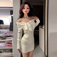 敲言一字肩蝴蝶結針織連衣裙子女早春季2025新款約會(huì )戰袍包臀短裙 杏色圣誕氛圍感穿搭春天配大衣的裙子富家千金高級感小 S 4045kg