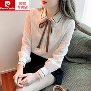 皮爾卡丹（pierre cardin）娃娃領(lǐng)襯衫女裝2025春秋冬季新款時(shí)尚洋氣長(cháng)袖打底衫長(cháng)袖蕾絲上衣 領(lǐng)結杏色1【高質(zhì)量】 S 【80-95斤】