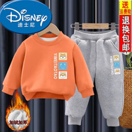 迪士尼（Disney）2025新款運動(dòng)兒童韓版洋氣衛衣加絨加厚兩件套潮男童春秋套裝中童 加絨 套裝(橘色柴犬+灰褲柴犬) 120