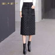 夏典素訂女王（SE.PSTP）擋風(fēng)保暖羽絨棉半身裙大碼棉裙長(cháng)款防風(fēng)裙高腰菱格一片式冬季裙子 黑色 按扣款:裙長(cháng)74厘米 S 建議80-90斤