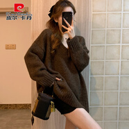 皮爾卡丹（pierre cardin）秋冬軟糯V領(lǐng)套頭寬松外穿慵懶風(fēng)咖色美拉德中長(cháng)款大毛衣針織上衣 棕色 M
