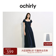 歐時(shí)力OCHIRLY 露肩繡花泡泡袖連衣裙長裙復(fù)古法式2025夏季新品 藏藍(lán) S