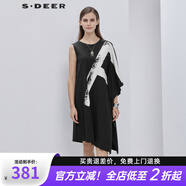 S.DEER圣迪奧夏季休閑不對稱袖撞色字母開衩下擺圓領(lǐng)連衣裙S19281291 黑色/91 S/160