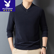花花公子（PLAYBOY）新款純色長(cháng)袖T恤男秋冬v領(lǐng)厚打底衫休閑簡(jiǎn)約德絨體恤衫雞心領(lǐng)衛衣 深藍 親膚保暖 抗起球 L 175/115130-150斤