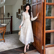 法式輕熟風(fēng)長(cháng)袖重工鑲鉆蕾絲連衣裙女秋冬設計感絕美白色優(yōu)雅長(cháng)裙 杏色 M