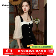 卓雅周末（JORYA weekend）2024春季新款方領(lǐng)珠片繡拼接蕾絲七分袖連衣長(cháng)裙EJWEAF41 黑白 S