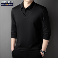雅鹿男裝假兩件毛衣男士休閑翻領(lǐng)針織衫秋季薄款時(shí)尚潮流男裝上衣t恤衫 黑色 M (165)（建議100-120斤）