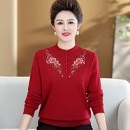 恒源祥胖媽M媽裝繡花打底衫秋冬半高領(lǐng)新款奶奶裝加肥加大|碼毛衣女 酒紅色 2XL 建議130-140