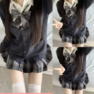 jane Deiune原創(chuàng  )正版jk制服全套學(xué)院風(fēng)春夏秋冬毛衣開(kāi)衫長(cháng)袖襯衫格裙學(xué)生套裝 白襯衫+領(lǐng)結+煙灰裙+深灰開(kāi)衫(四件套) XL