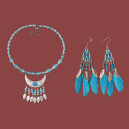 海伊朵民族風(fēng)長(cháng)款流蘇串珠羽毛耳環(huán)波西米亞氛圍感耳墜云南大理拍照旅行 藍色額鏈+藍色耳環(huán)