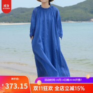 知筆墨天絲苧麻雙層縮碎褶燈籠袖大擺連衣裙克寶石藍(lán)寬松度假長裙 寶石藍(lán) 均碼