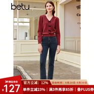 百圖betu女裝秋新款毛衣少女感絲絨蝴蝶結V領提花長袖毛衣2309T93 紅色 S
