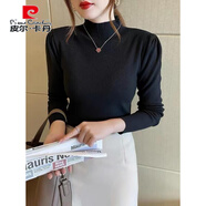 皮爾卡丹（pierre cardin）半高領(lǐng)泡泡袖長袖針織衫女2025秋冬季新款修身打底衫洋氣內(nèi)搭上衣 黑色 S 【80-95斤】