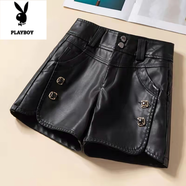 花花公子（PLAYBOY）皮短褲女高腰PU皮褲短款2025年秋冬季新款打底外穿休閑顯瘦靴褲子 黑色 A區96228 2XL 120斤-130斤