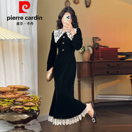 皮爾卡丹（pierre cardin）大碼名媛氣質(zhì)魚(yú)尾連衣裙秋冬胖mm顯瘦感蕾絲領(lǐng)絲絨禮服裙子女 黑色連衣裙官方旗艦 3XL 建議150-170斤