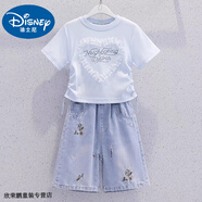 迪士尼寶寶女童套裝夏裝2025新款洋氣短袖上衣夏季兒童短褲牛仔五分褲兩件套 淡藍色花邊短袖+繡花五分短褲 120 建議110-120cm3-4歲 建議身