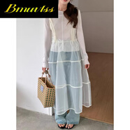 Bmuvlss韓國chic春季溫柔氣質(zhì)長(cháng)袖打底T恤+透視疊穿歐根紗吊帶裙套裝 米色 均碼