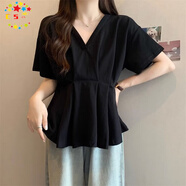 CS.LION大碼女裝韓版胖妹妹夏新款法式V領(lǐng)壓褶別致遮肚子顯瘦短袖T桖上衣 黑色  2XL  140-160斤