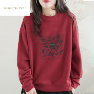 夏典素訂女王（SE.PSTP）日韓女裝尾單正肩時(shí)尚寬松印花圓領(lǐng)套頭衛衣女秋 紅色【復古黑三角形圖】今年流行 M 建議115以下