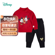 迪士尼男童衛(wèi)衣套裝秋冬潮童抓絨衣服兩件套中國紅+黑色120cm