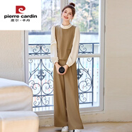 皮爾卡丹（pierre cardin）感氣質(zhì)闊腿褲套裝女2025秋新款時(shí)尚假兩件拼接襯衫長(cháng)褲兩件套 卡其色套裝 今年流行的輕奢品牌 M (建議90-105斤 )