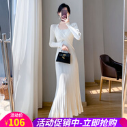 歐貝汐長(cháng)款過(guò)膝毛衣裙女春秋冬打底內搭魚(yú)尾包臀針織連衣裙 杏色 M