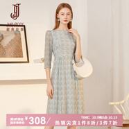 經(jīng)典故事（JANE STORY）法式復(fù)古條紋連衣裙女2025春秋新款圓領(lǐng)七分袖雪紡裙高級(jí)感中長(zhǎng)裙 白綠藍(lán)條 XL