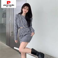 皮爾卡丹（pierre cardin）小香風(fēng)套裝女氣質(zhì)名媛女神范韓劇女主麻花毛衣包臀短裙兩件套秋冬 灰色 M