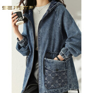 夏典素訂女王（SE.PSTP）寬松大碼牛仔外套女春秋新款寬松連帽牛仔衣拼色夾克2025春秋新款 牛仔藍原創(chuàng  )輕奢大品牌官方旗艦 M