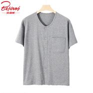 北極絨夏季薄款純棉半袖圓領開衫爸爸中老年短袖家居服睡衣男士上衣單件 淺麻灰-短袖上衣 2XL 建議（120-140斤）