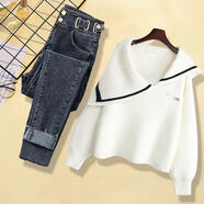 KVTROPA胖妹妹秋季大碼女裝洋氣顯瘦套裝2025新款遮肉修身鉛筆褲百搭針織 白色上衣+藍色牛仔褲【 系帶雙扣 XL 【建議120-140斤】