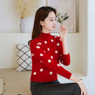 全鶯月小個(gè)子波點(diǎn)半高領(lǐng)加厚毛衣女休閑秋冬新款針織衫短款套頭上衣女 酒紅色 S