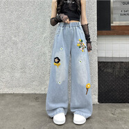 糖衣兔中大童女孩春裝牛仔褲2025新款初中生學(xué)生毛巾繡闊腿褲春秋款褲子 小花繡花牛仔褲 130 cm(建議120-130厘米)