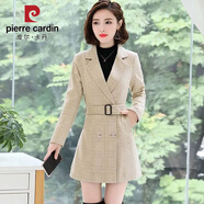 皮爾卡丹小香風(fēng)加厚夾棉毛呢外套女裝秋冬季中長(cháng)款修身顯瘦小西裝格子大衣 黃色 秋冬款【夾棉】 加厚 M 建議100斤內