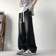 卡魯微加肥加大碼直筒褲特大碼男士闊腿牛仔工裝長(cháng)褲戶(hù)外休閑個(gè)性褲 黑色 M