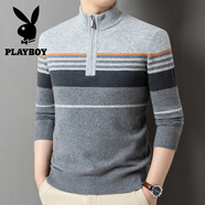 花花公子高端男士羊毛衫2025秋冬季加厚保暖針織毛衣半高拉鏈領(lǐng)橫條紋線衫 淺中灰 XL 175