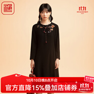 漁女裝2022新款秋裝輕薄國風(fēng)繡花呢料過(guò)膝長(cháng)款連衣裙百搭FGEC0025 黑 XL