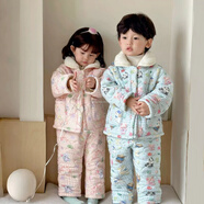 夾棉加厚兒童睡衣韓冬中小童三層加棉家居服寶寶加厚卡通保暖睡衣 藍(lán)格子熊貓一套 80