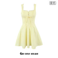 法式復古蕾絲拼接吊帶連衣裙女收腰顯瘦辣妹A字白色短裙 黃色-9691 L L
