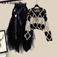 拉夏貝爾（La Chapelle）2025秋冬新款搭配一整套設計感小眾菱格毛衣網(wǎng)紗連衣裙兩件套裝女 黑色上衣+黑色半身裙【法式掐腰上衣時(shí)髦/獨特小眾胖 L