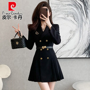 皮爾卡丹（pierre cardin）小個子赫本風西裝連衣裙2025秋季新款氣質黑色裙子西服修身百褶裙 黑色 S 100斤以下
