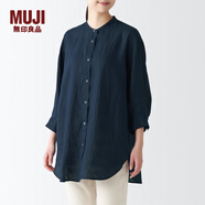 無印良品（MUJI）麻水洗 七分袖束腰長上衣 休閑百搭襯衫白襯衫 BCJ72C3S 深藏青色 XL