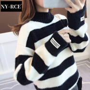 NY-RCE毛衣女2025冬季新款高品質(zhì)高領(lǐng)加厚寬松款秋冬短款潮流百搭針織衫 條紋黑白半高領(lǐng) (保暖)  加厚 均碼